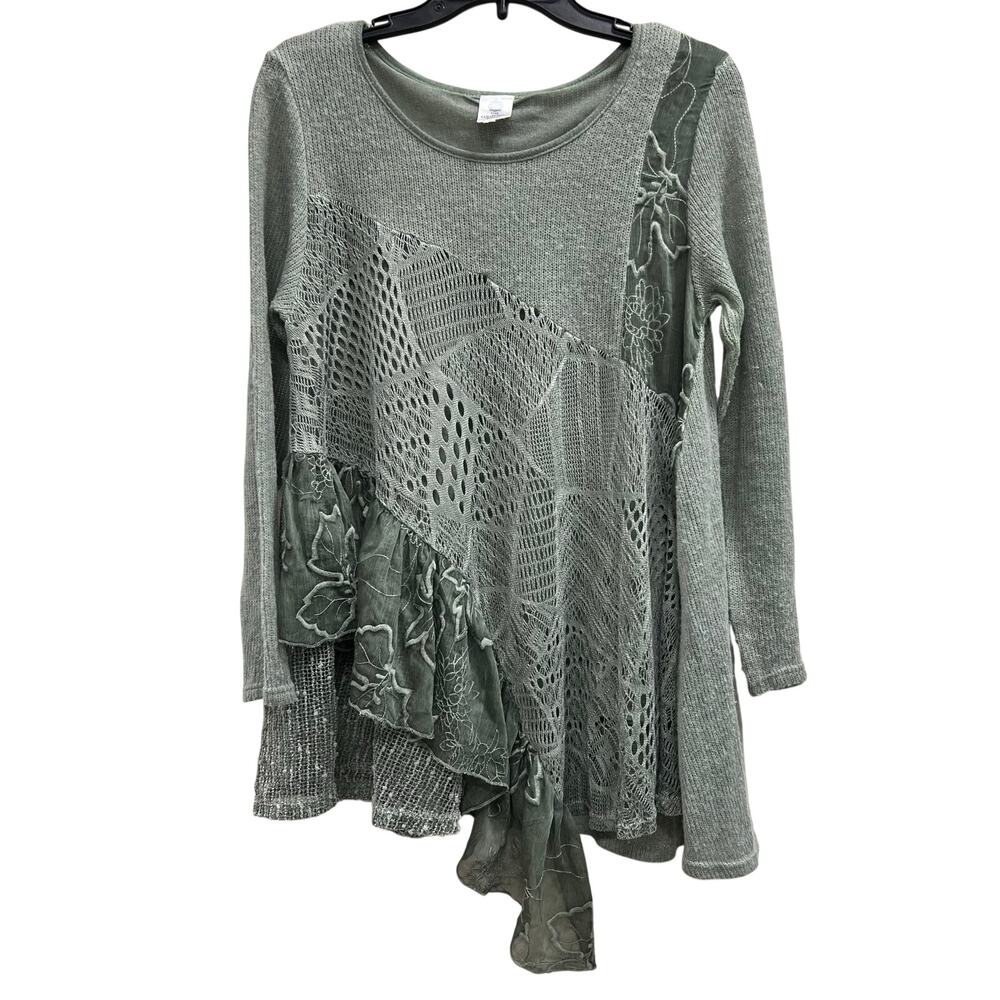 Lagenlook sage green mixed-knit tunic lace embroidered accents WhimsyFairy sz S